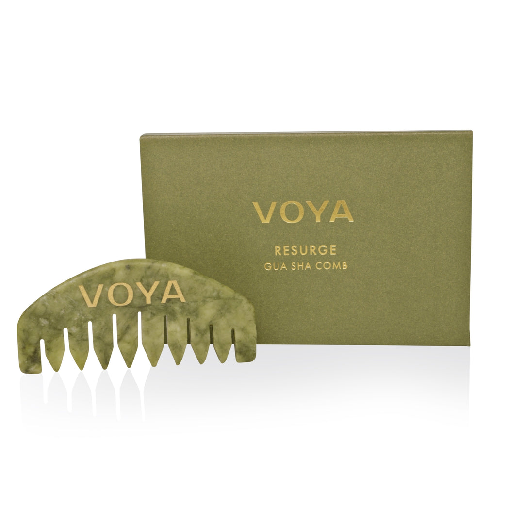 Voya Resurge Gua Sha Comb with packaging on a white background