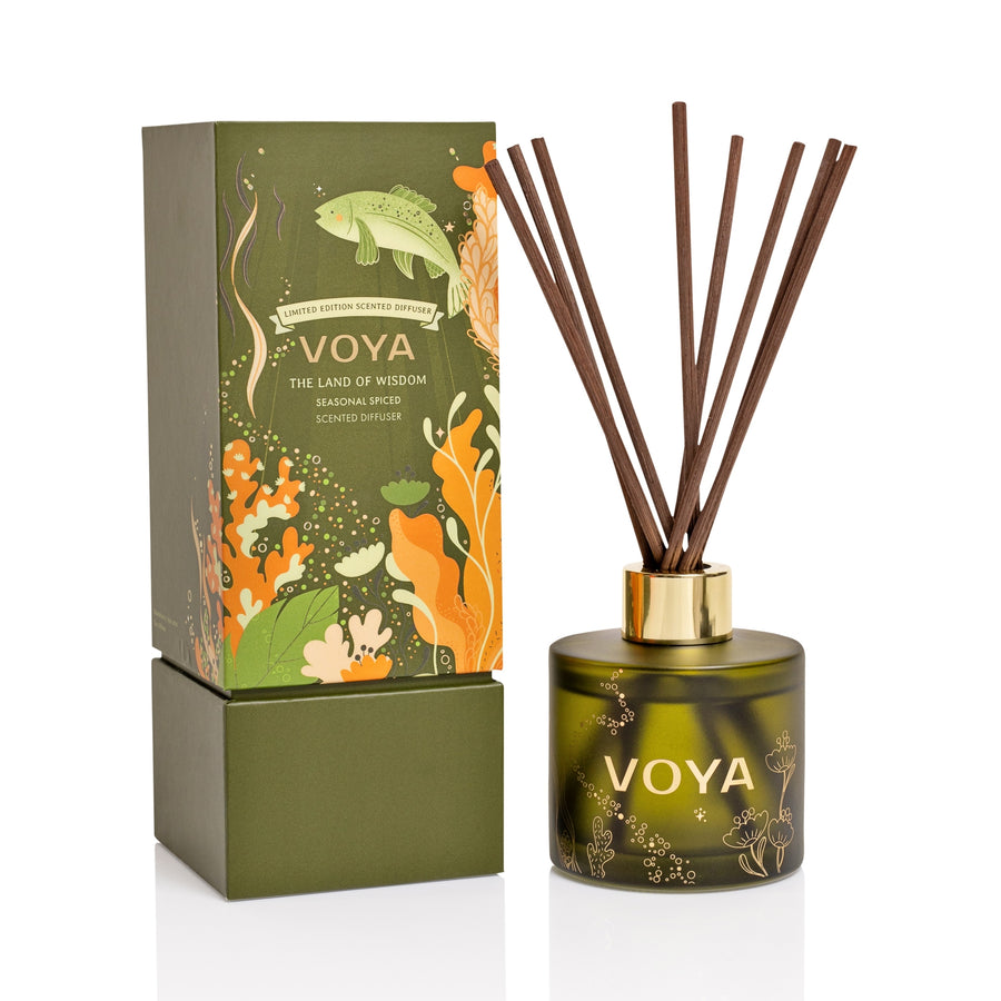 VOYA The Land of Wisdom: Seasonal Scented Reed Diffuser on a white background