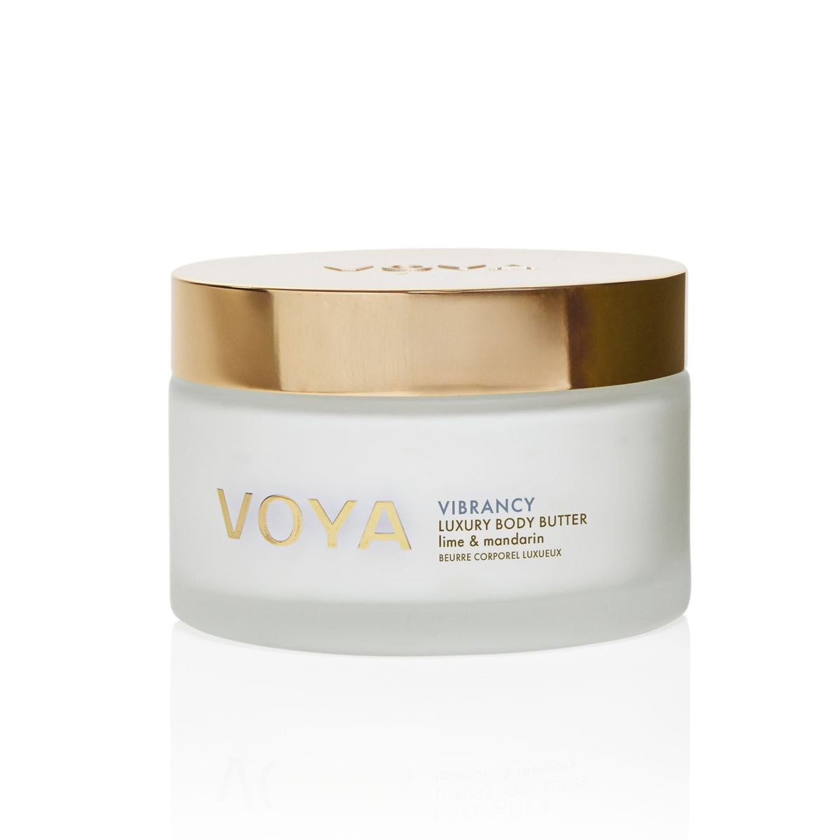 VOYA Vibrancy Luxury Body Butter in a frosted jar with a gold lid, lime and mandarin scent.
