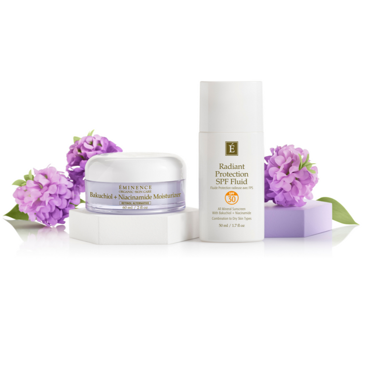 Eminence Organics Bakuchiol + Niacinamide collection with flowers