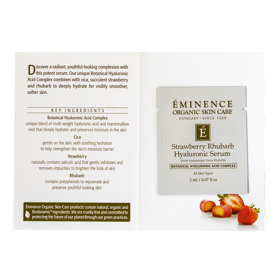 Eminence Organics Strawberry Rhubarb Hyaluronic Serum sample size on a white background