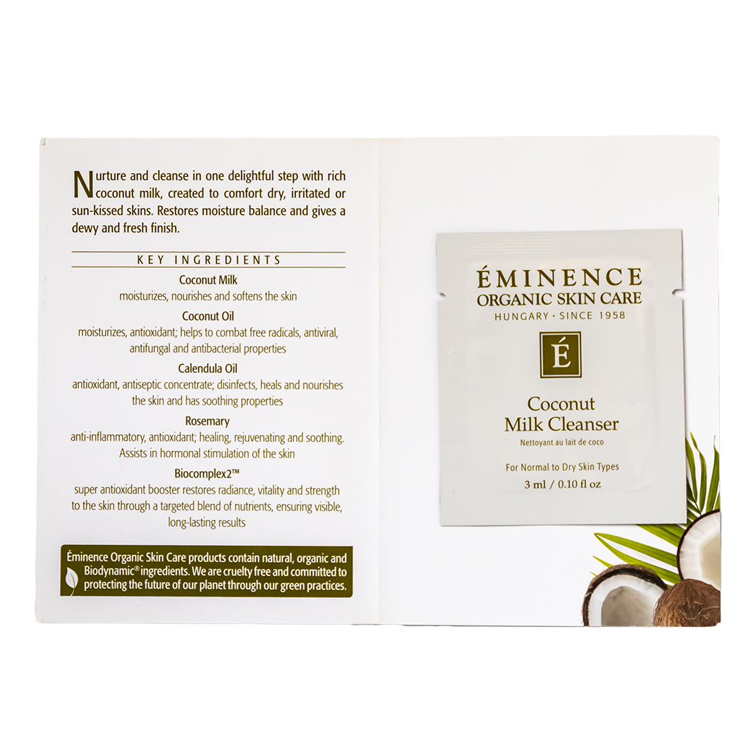 Eminence Organic Skin Care Coconut Milk Cleanser sample packaging with key ingredients listed.