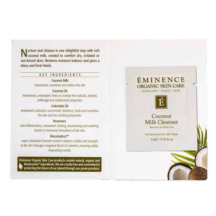 Eminence Organic Skin Care Coconut Milk Cleanser sample packaging with key ingredients listed.