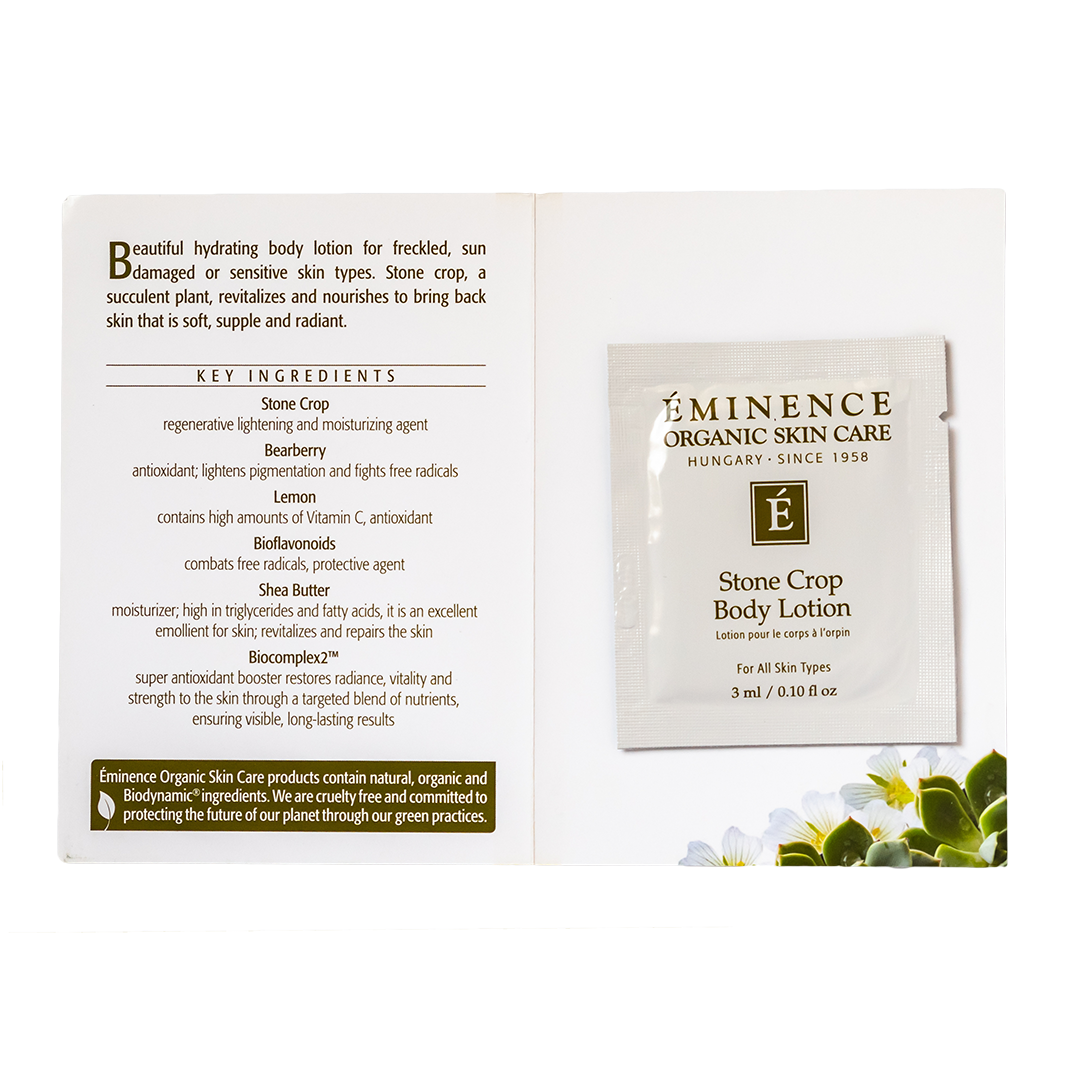 Eminence Organic Skin Care Stone Crop Body Lotion sample size packaging with ingredients list on a white background